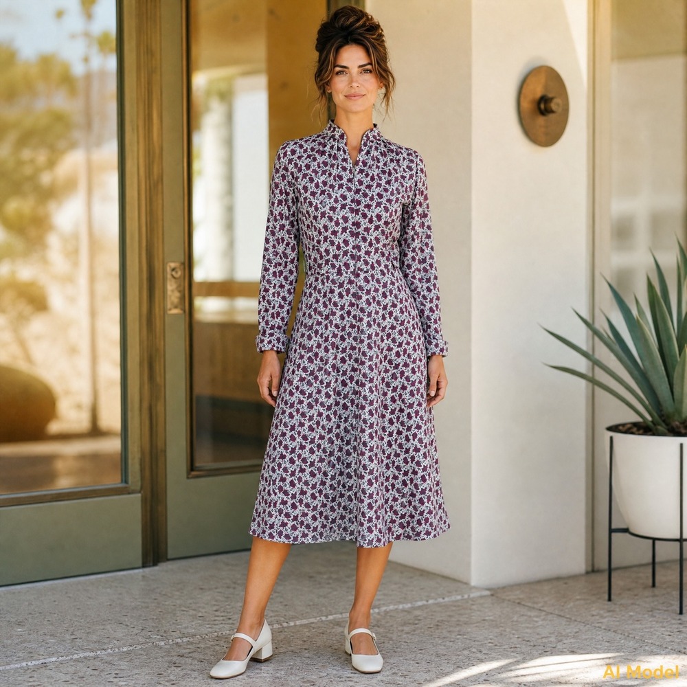 Vintage Floral Rose Midi Dress Women Size‎ M Burgundy Mod Retro Long Sleeve Zip